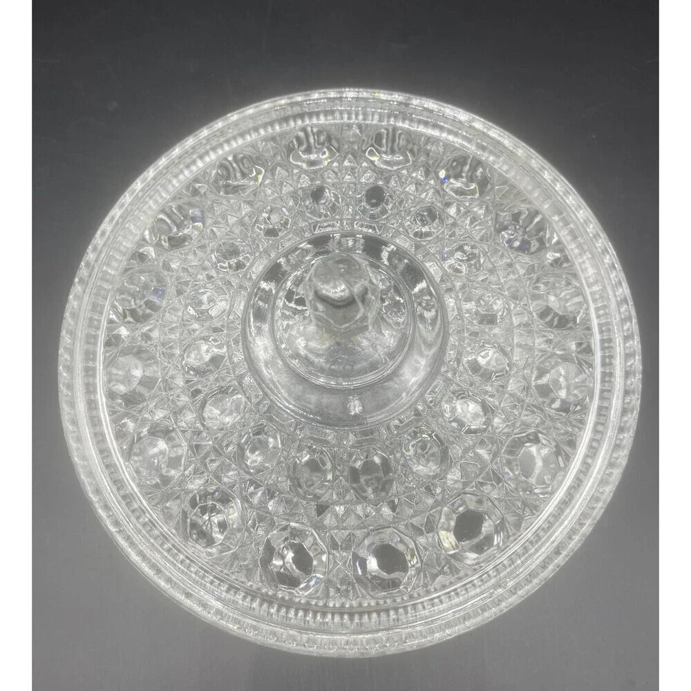 VTG Indiana Glass Clear Windsor Button & Cane Pattern Covered Candy Dish 7.5”‎